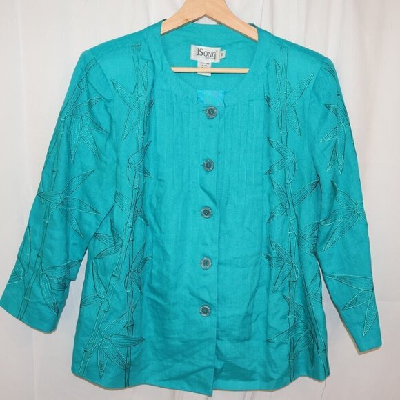 J Song 100% Linen Jacket Embroidery 3/4 Sleeves Button Up No Collar Size 10 - Picture 13 of 15